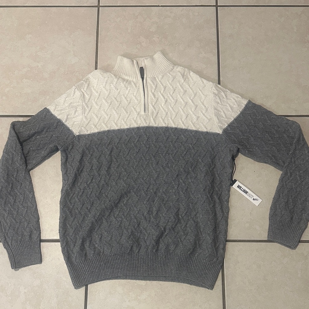 NWT William Rast 1/4 Zip Color Block Gray and White Cotton/Wool SweaterL